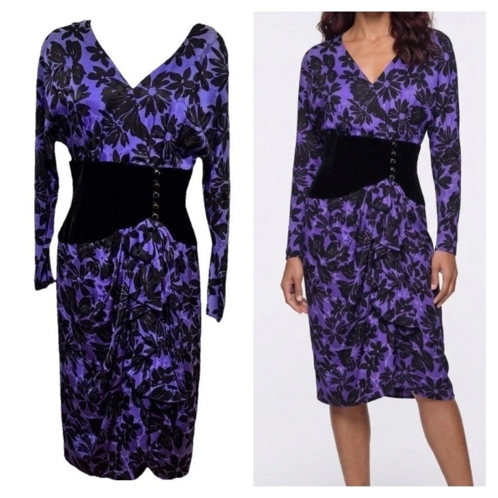 A.J. Bari Silk Dress 6 Purple Velvet Corset Waist Midi Gothic Romantic Witchy